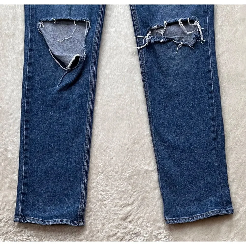 Good American Good 90s Icon Ripped Straight Leg High Rise Stretch Denim Jeans - Picture 13 of 16